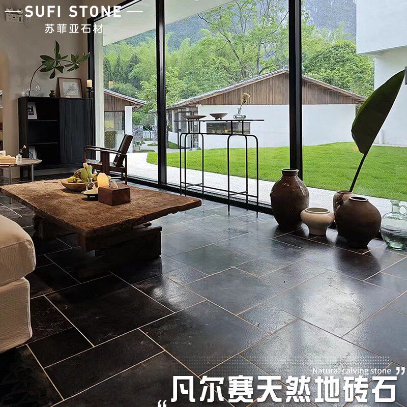 天然黑色莱姆石灰色大理石地砖青黑石中式花园室外室内茶楼金砖