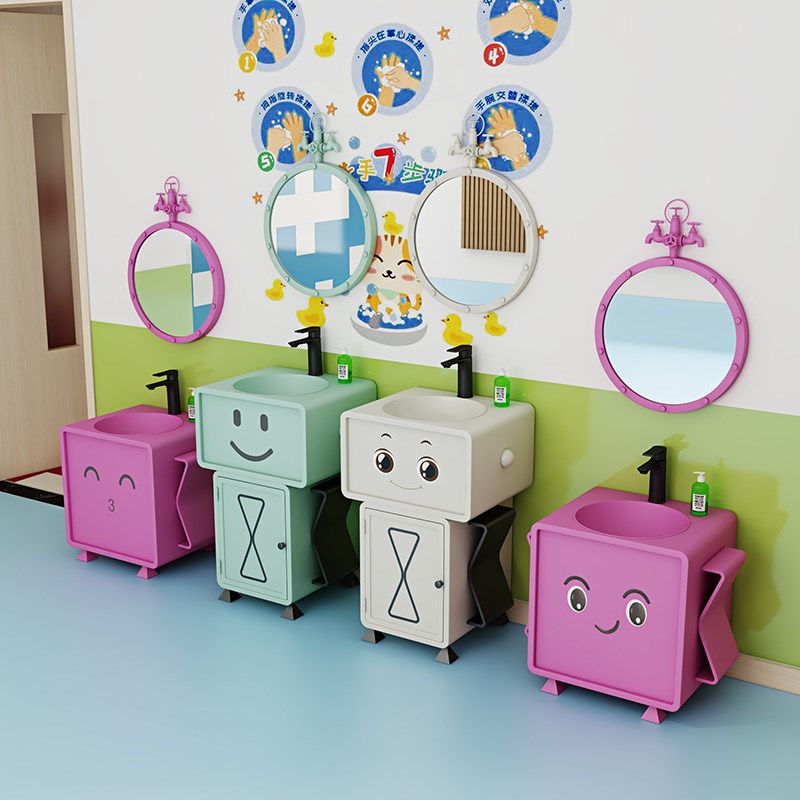 幼儿园机器人彩色洗手台盆工业风落地洗手池创意卡通儿童立柱盆