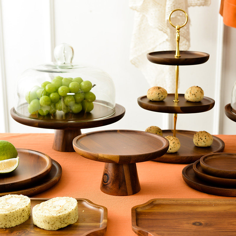 日式相思木两层点心架托盘干果盘水果盘高脚点心蛋糕盘家用展示台