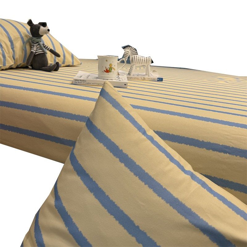 纯棉秋冬加厚保暖简约黄蓝条纹磨毛床笠床单单件1.5m1.8米保护套