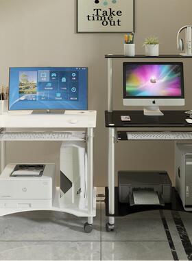 经典黑白灰色可移动台式电脑桌双层钢化玻璃卧室家用学生书桌带轮