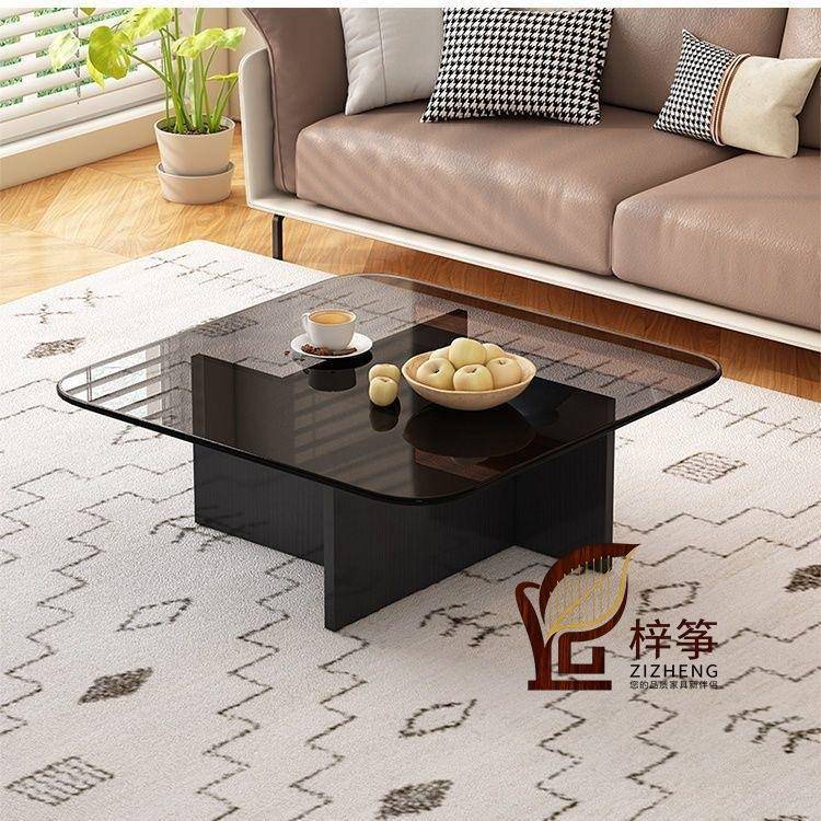 新款极简钢化玻璃复古古风茶几茶几客厅阳台实木底座轻奢简约客厅