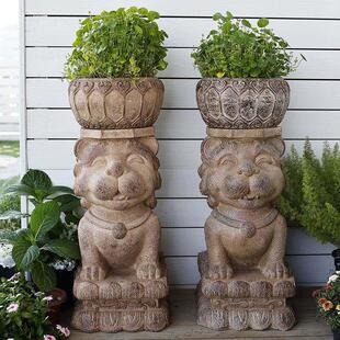 新中式人造石墩花园门口庭院民宿户外花盆底座狮子麒麟石雕摆件