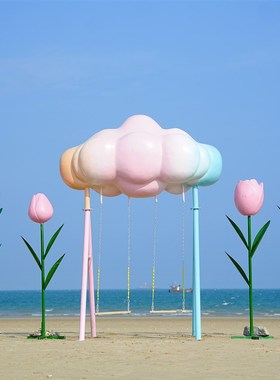 网红云朵秋千座椅风景区海边拍照装饰爱心天梯打卡彷真粉玫瑰花雕