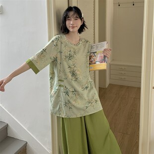 有口袋阔腿裤 棉绸套装 新中式 长裤 可外穿 国风睡衣女短袖 上衣加长