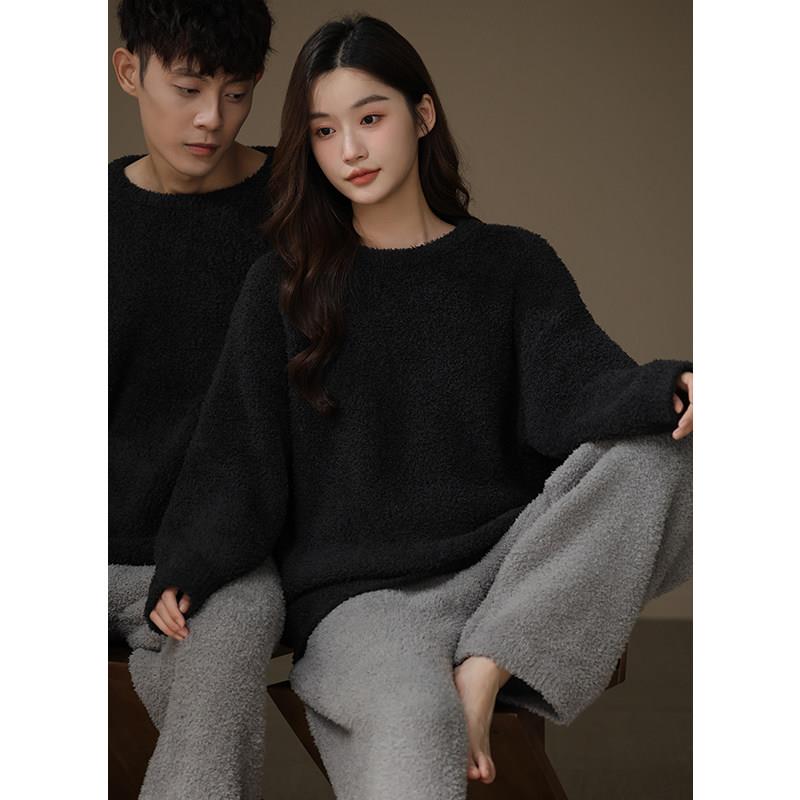 【半边绒】情侣睡衣女加厚保暖珊瑚绒套装秋冬季新款纯色家居服男