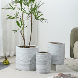 陶瓷花盆欧式磨砂灰拉线30cm特大口径落地圆柱金山棕竹南天竹花盆