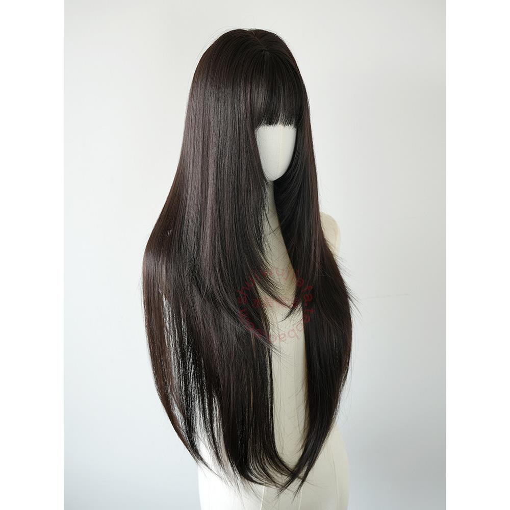 黑色长直假发的妇女长发,全头饰与刘海,自然的日常高水平领域洛