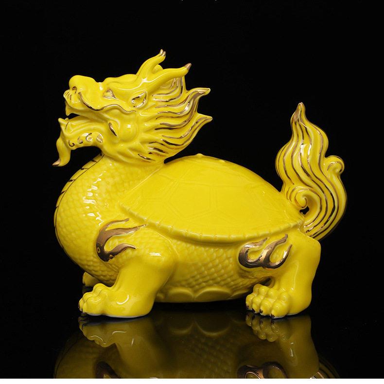 创意黄色龙龟摆件招财风水镇宅客厅玄关家居装饰品陶瓷工艺品