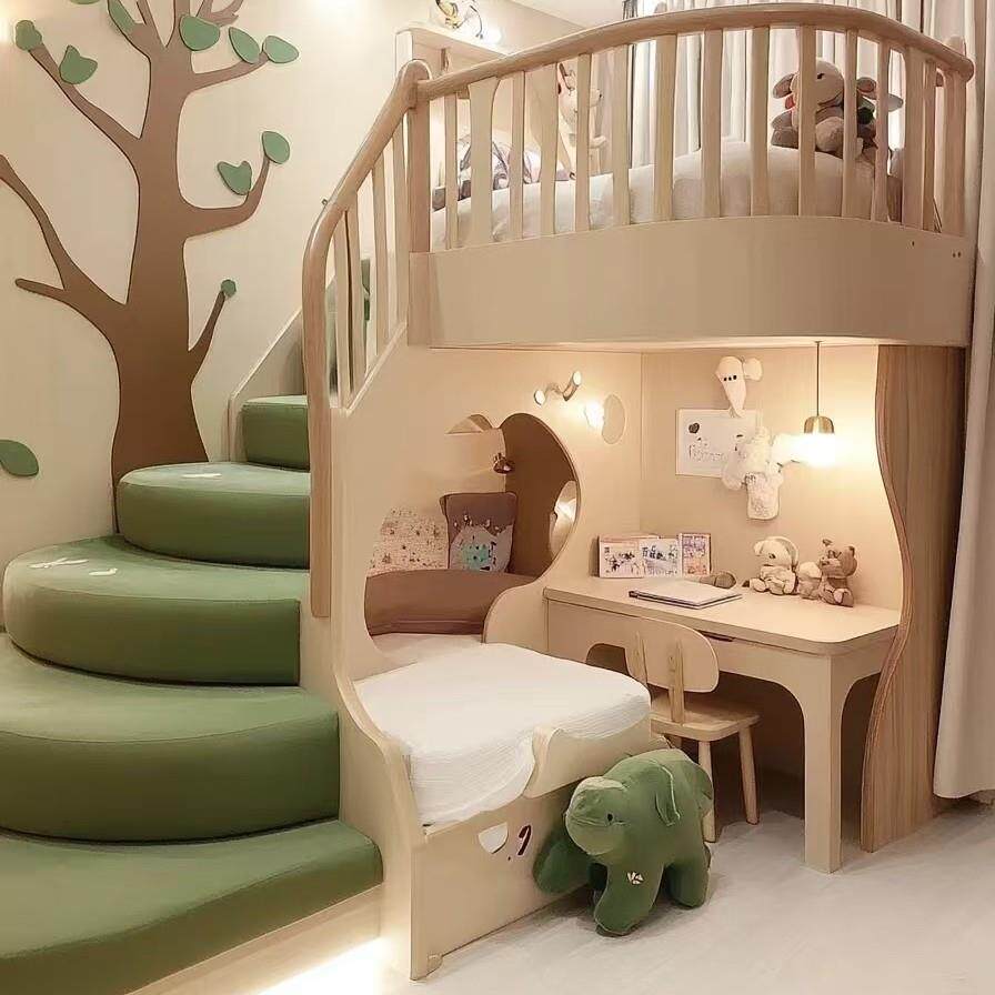 可定制全实木儿童树屋全屋定制滑梯树屋上下铺双层床实木高护栏床