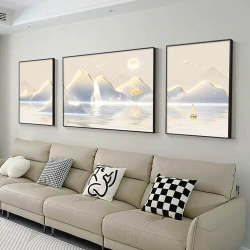 山水画客厅大白墙装饰画西墙流水生财寓意好三联画沙发背景墙挂画