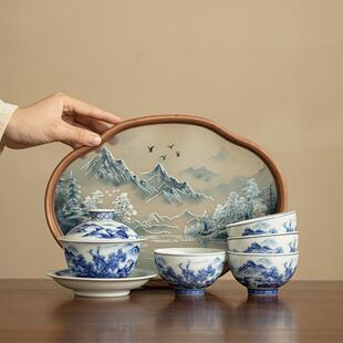 德化夫茶具青花盖碗31861敬茶茶碗茶盏茶杯盘茶功茶具陶泡瓷居家