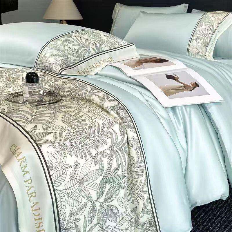 夏季水洗冰丝四件套轻奢宽边被套床上用品凉感裸睡宿舍床单三件套