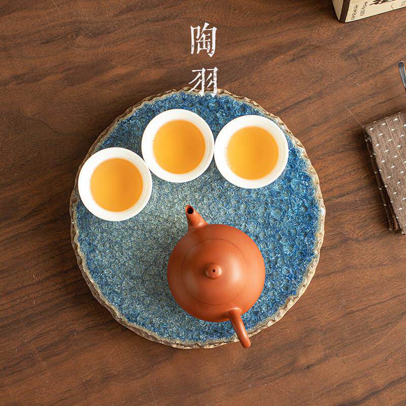 复古陶茶盘圆形老岩泥蓝瓷夫色釉结A13876晶茶托干功茶具配件泡盘