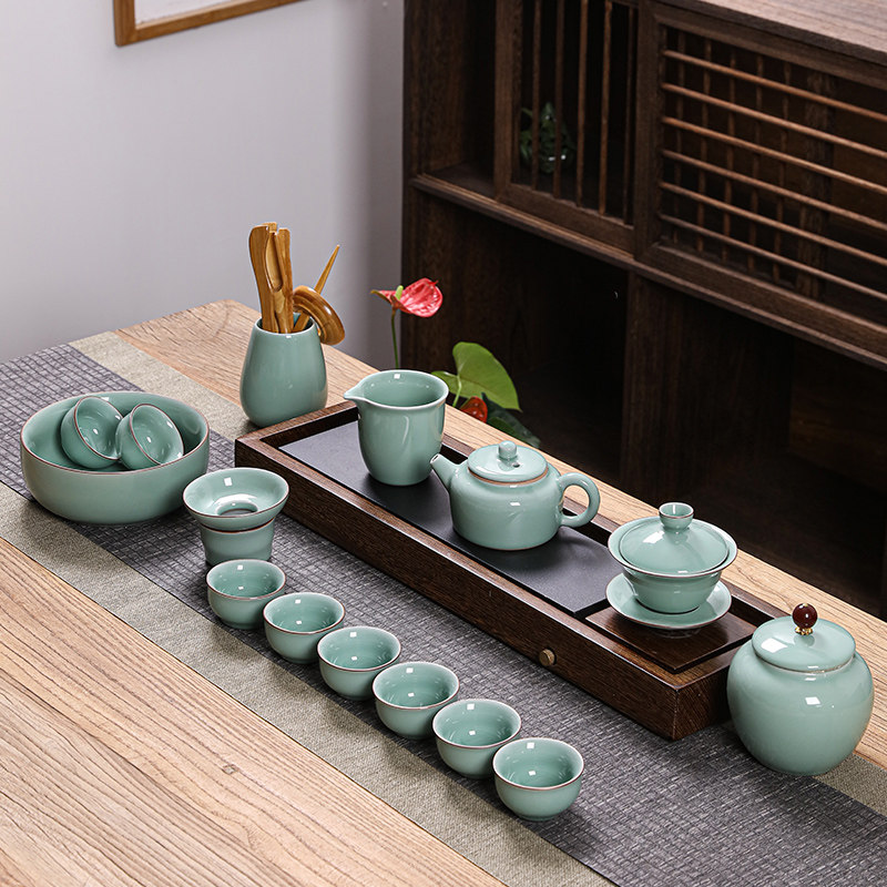 凌胜青瓷功夫茶具套装家用陶瓷家用简约泡茶杯茶壶客厅盖碗官窑