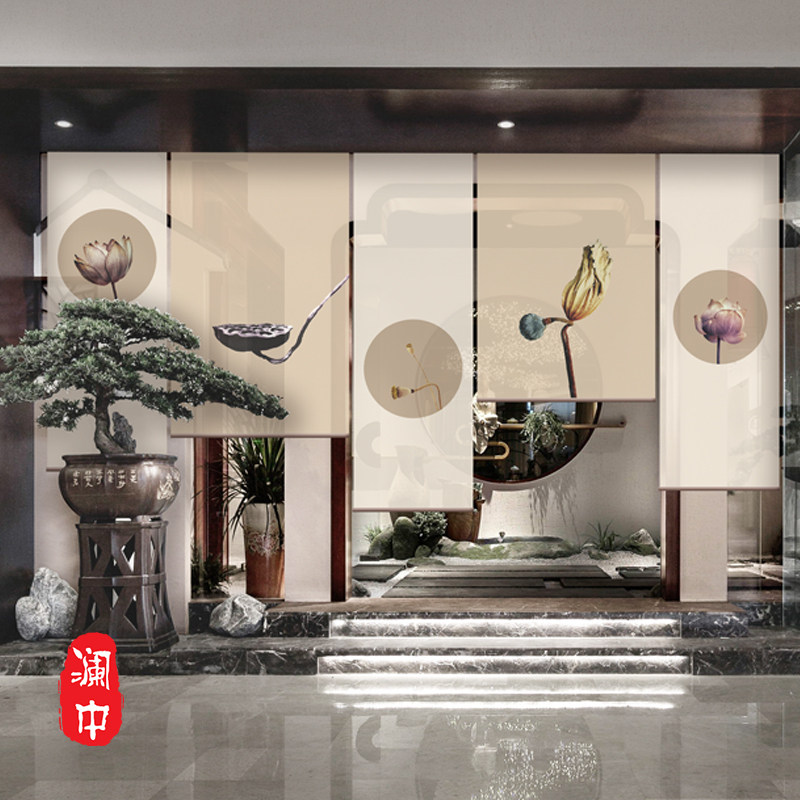 新中式卷帘窗帘升降遮光帘子半透明挂式屏风帘隔断帘客厅玄关荷花