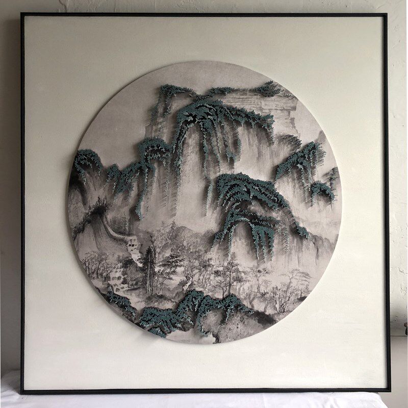 新中式装饰画 手工立体水墨山水金属钉子圆框禅 工艺画 挂画 客厅