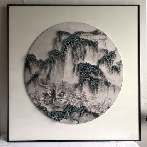 新中式装饰画 手工立体水墨山水金属钉子圆框禅 工艺画 挂画 客厅