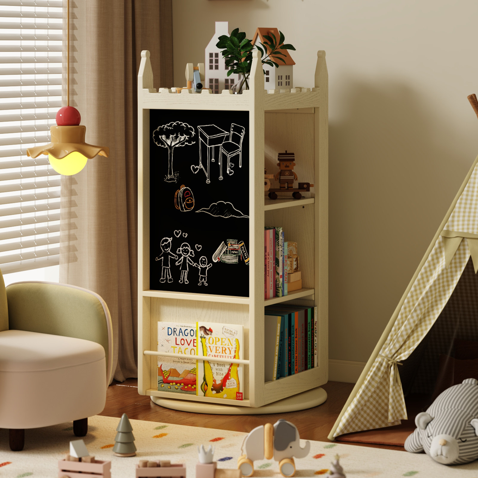 儿童房实木旋转书架多功能置物架带黑板多层储物收纳架绘本阅读架,住宅家具,书架,淘宝优惠券,粉丝福利购,淘宝优惠卷