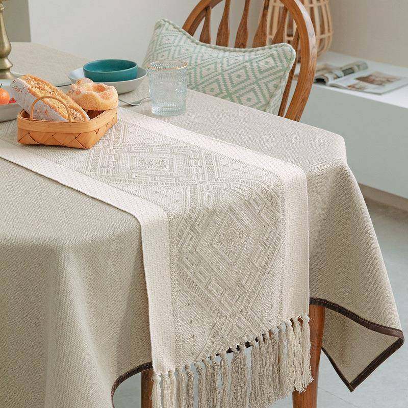 黄麻色棉布简约家用桌布咖啡馆茶餐厅长条垫巾酒店电视柜流苏桌旗