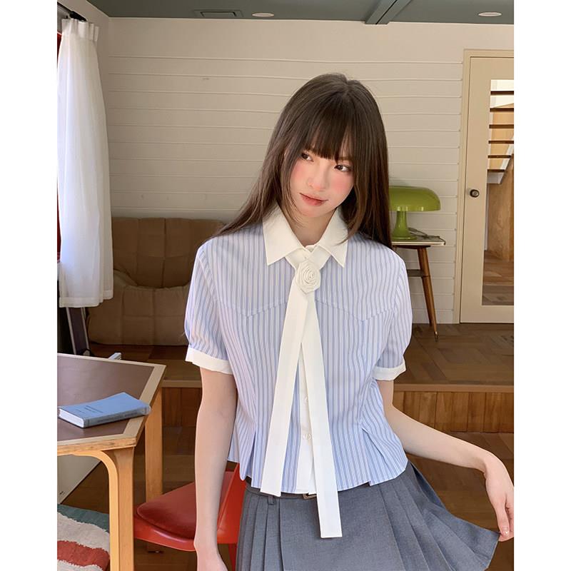 东京岁时记jk衬衫短袖女学院风蓝约色条纹玫衣瑰上UWF信领带衬衫