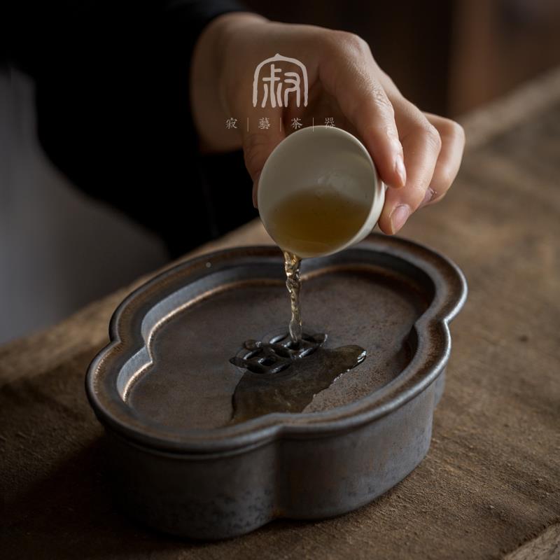 寂家艺 陶瓷鎏金壶承干号泡茶台 古朴海棠简易小TPJ养储水茶盘用