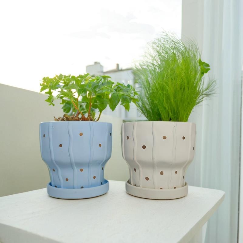北欧ins风水泥花盆盆设计条几何出口花盆棕IGU摆纹中号桌面居家件