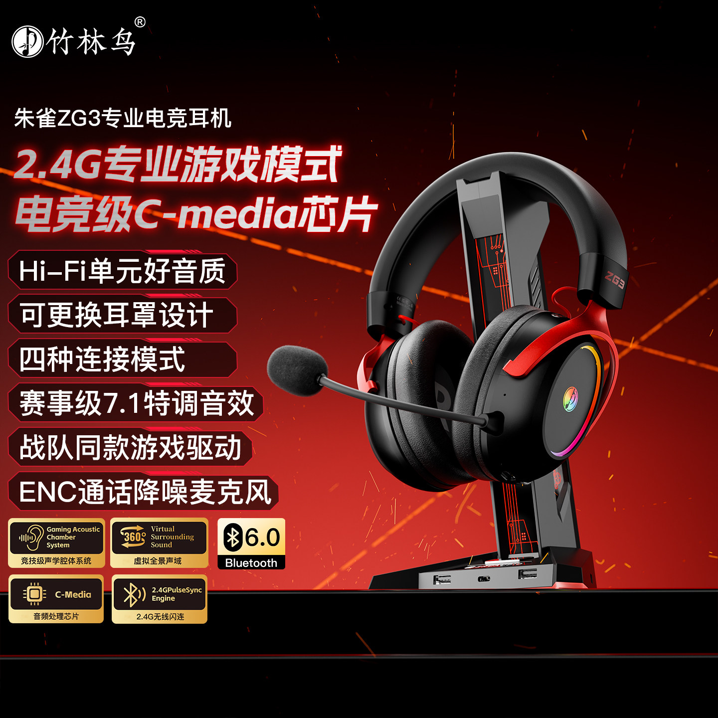 竹林鸟朱雀ZG3电竞游戏头戴式耳机四模蓝牙电脑带麦无线听声辨位