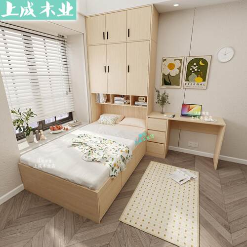 北欧现代小户型衣柜榻榻米床一体家具省空间储物床镂空衣柜床组合