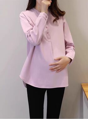 冬装立领长袖孕妇衬衣加绒加厚打底衫保暖上衣潮妈孕妇装纯棉衬衫