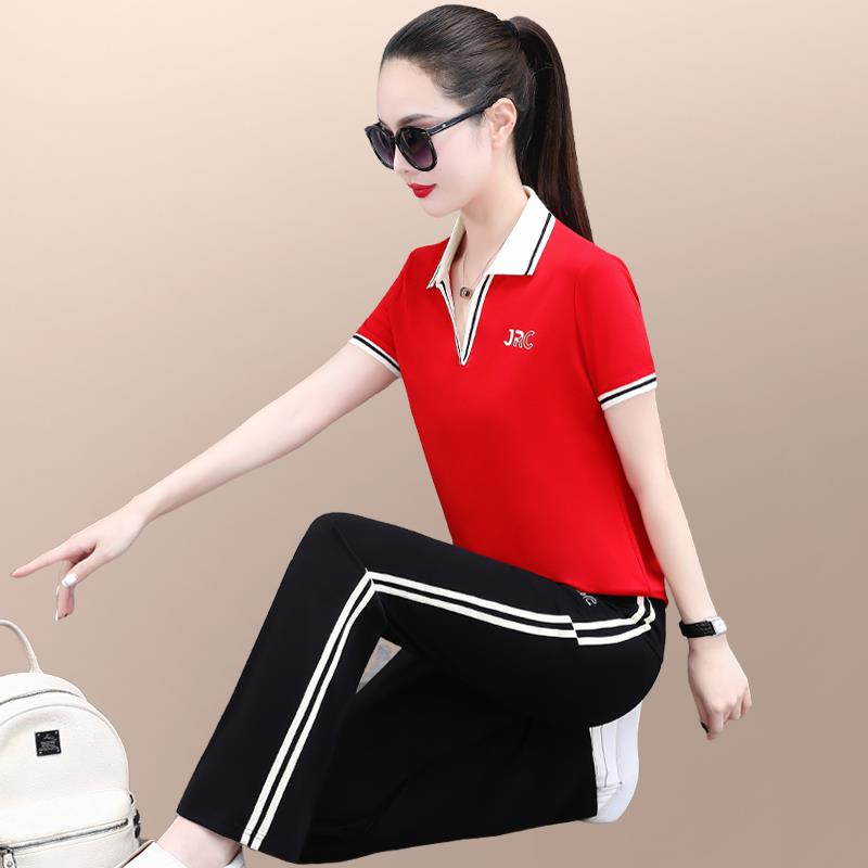 短袖运动服套装女夏季2025新款洋气妈妈时尚休闲显瘦跑步服两件套