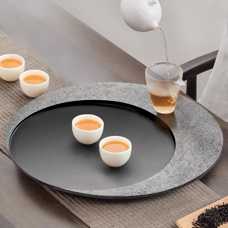 天然乌金石茶创盘现代整块石日食头圆形茶海茶台意中托式家用简约