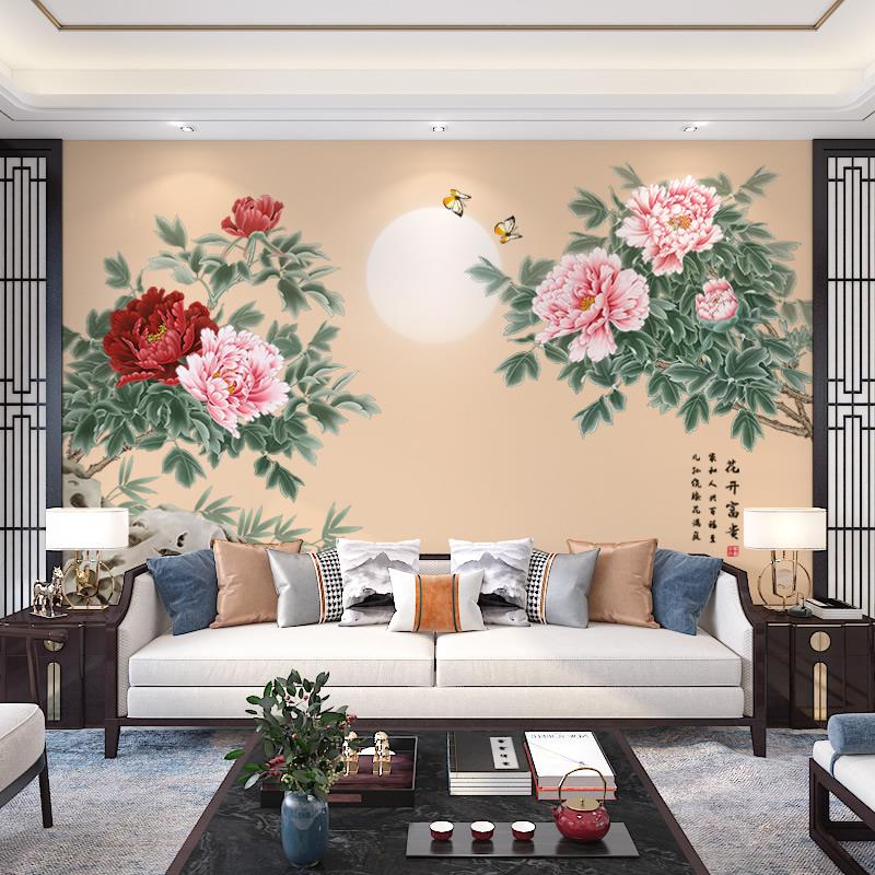 新中式牡丹花电视背景壁纸墙工客厅沙发NES卧室画笔花鸟墙纸壁定