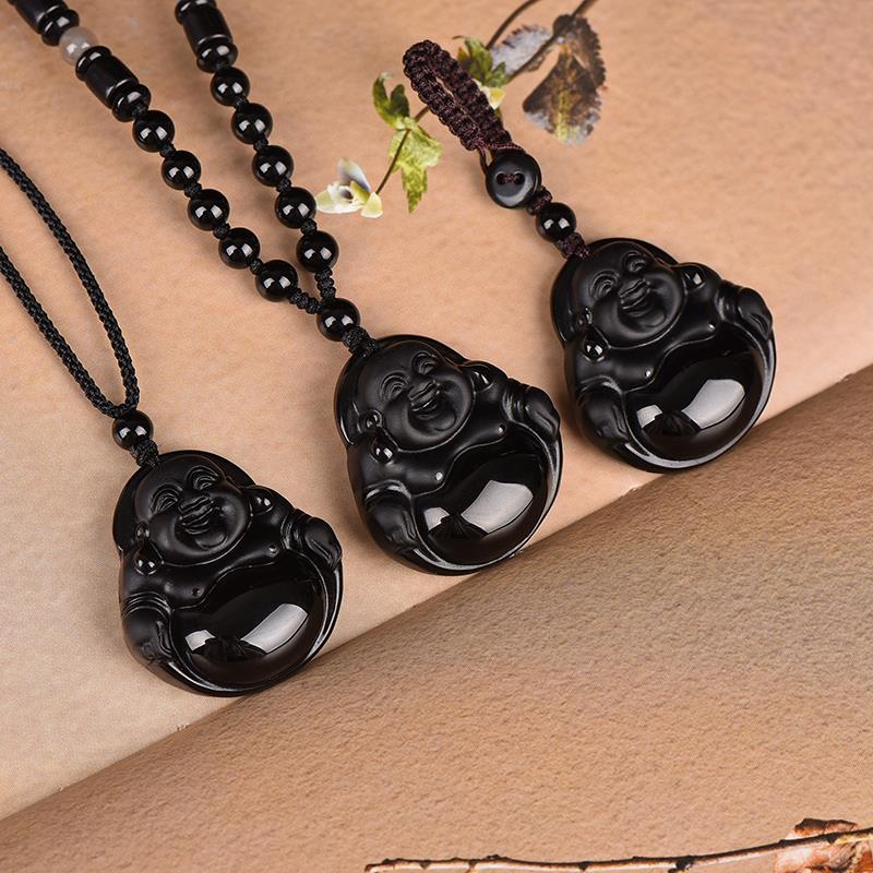 天然水晶石黑曜弥佛吊大肚佛勒首饰项炼小坠佛公玉石QS230426笑佛