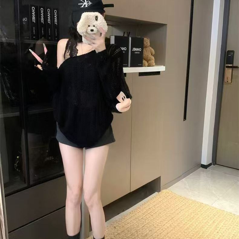 2025春夏季新款女慵懒风上衣长袖镂空薄款宽松百搭一字肩罩衫