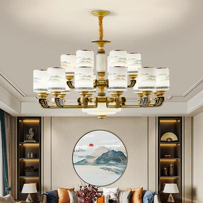 新款中式吊灯新吊别墅复式楼大气54318吊层灯锌合金玉石四层五现