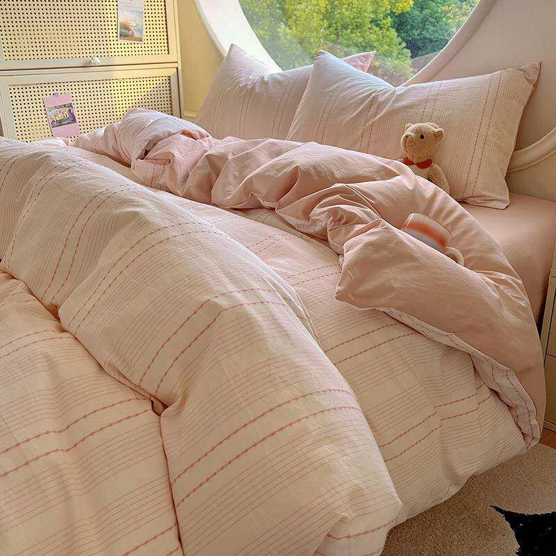 水洗棉提花简约条纹蓝色床上四件套全棉1.5m1.8米公寓被套三件