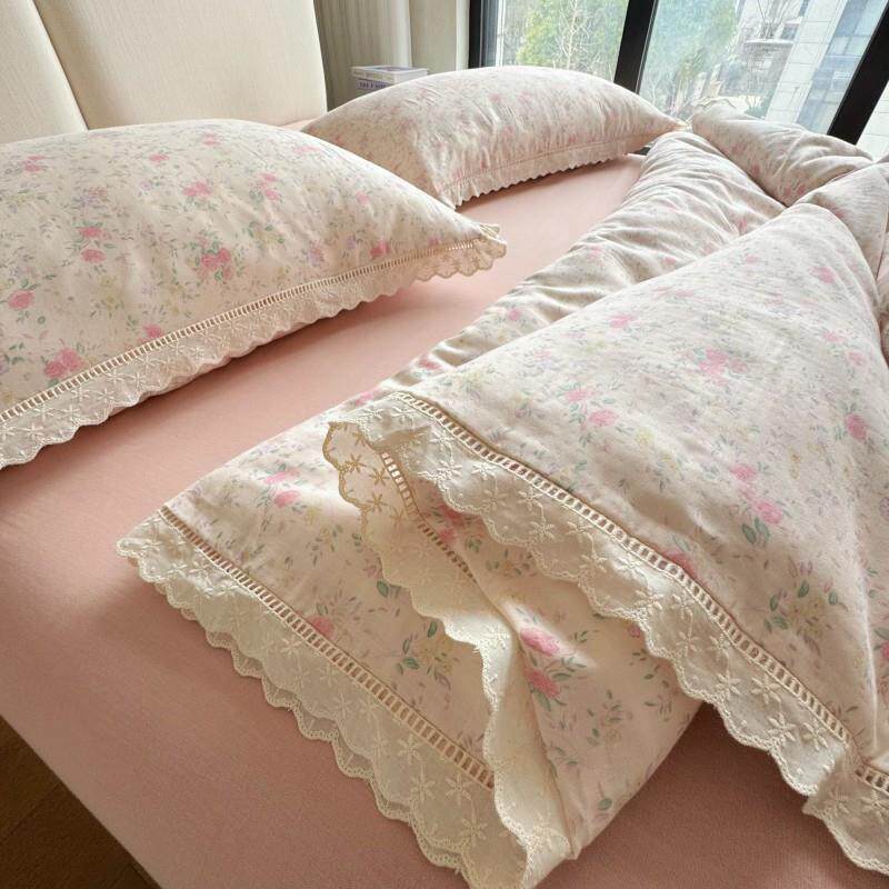 A类母婴级全棉双层纱床上四件套纯棉床品贝壳边被套罩床单三件套4