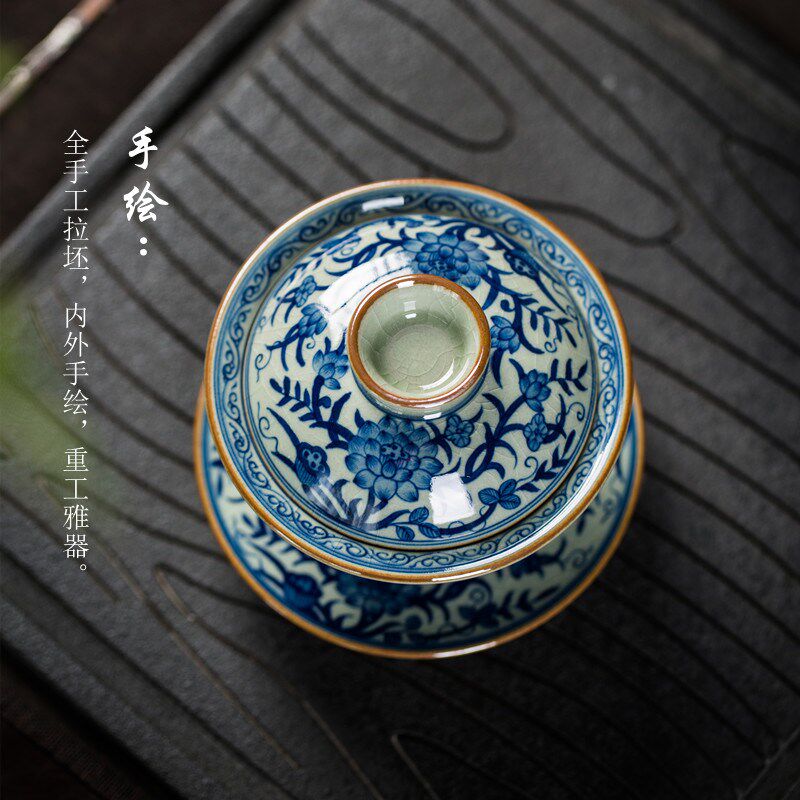 景德镇柴窑青花盖碗茶杯手绘莲花老陶泥开片茶具单个泡茶碗纯手工
