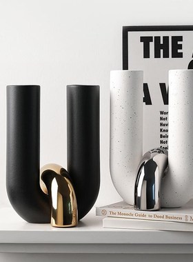 创意简约U型交叉中古风陶瓷花瓶摆件高级感样板间客厅餐桌装饰品