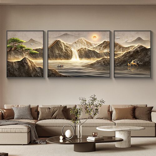 客厅流水生财靠山装饰画高端三联画沙发背景墙挂画轻奢高级感壁画