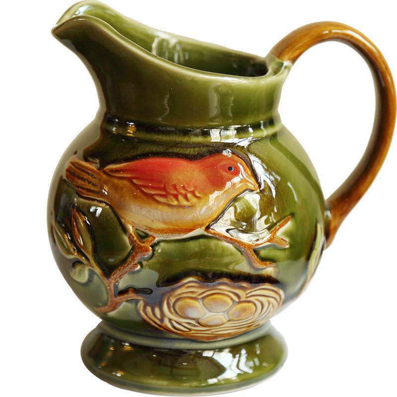 欧式田园绿色小鸟釉面花纹花瓶餐桌装饰摆件工艺高级陶瓷手柄单感
