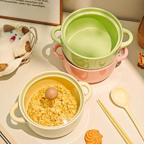 值学生舍亮光泡面带盖耳泡面碗双实用泡面神器高颜陶瓷碗微波炉可