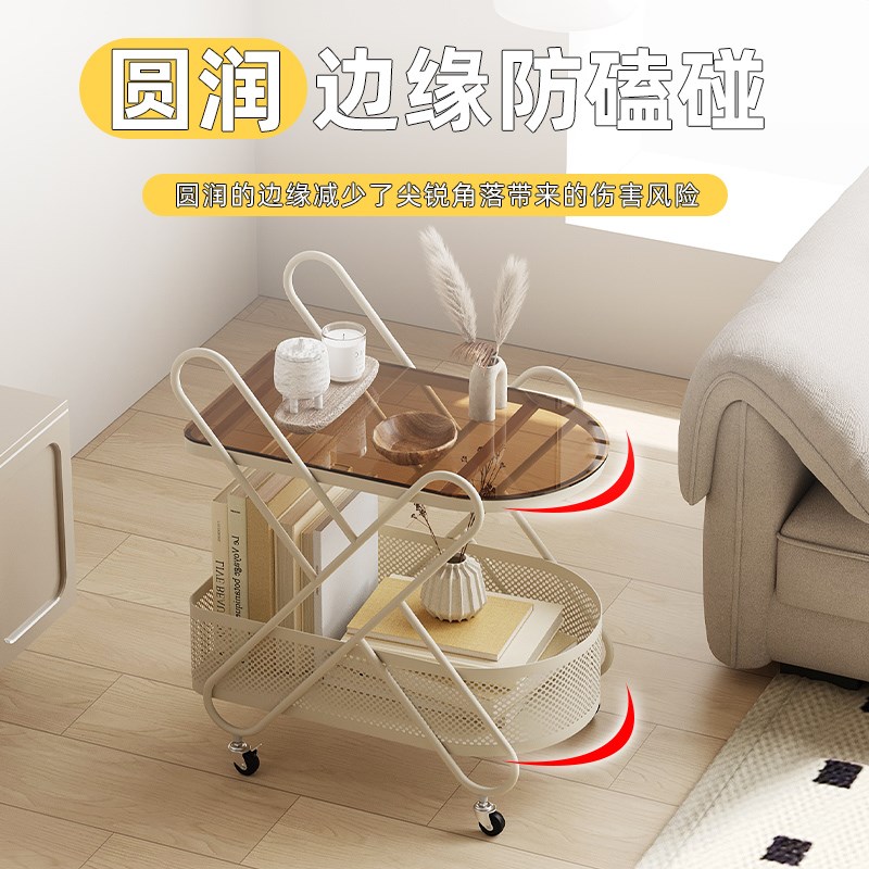 奶油风边几可移动小户型沙发茶几客厅创意零食置物架玻璃带轮推车