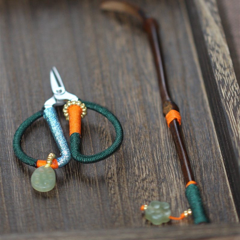 手工编绳茶剪小剪刀剪茶叶袋天然老竹茶针茶拨两件套六君子茶扒