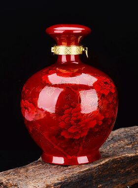 3斤5斤装景德镇陶瓷空酒瓶酒具泡酒坛子红牡丹水晶釉密封家用酒壶