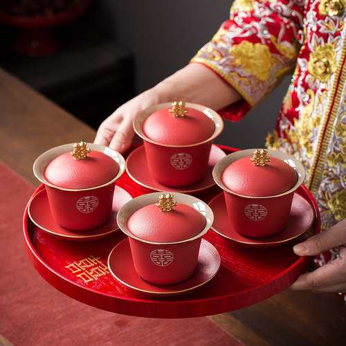 结婚敬茶杯套装新人改口茶具新婚喜杯红茶壶三才盖碗两对婚庆用品