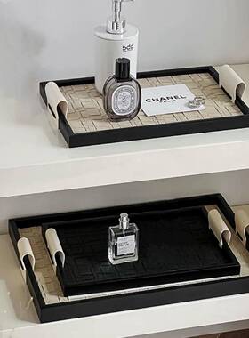 轻奢子皮质首饰入户OAM玄关收盘黑色杏色皮纳革薰托盘饰品摆件香