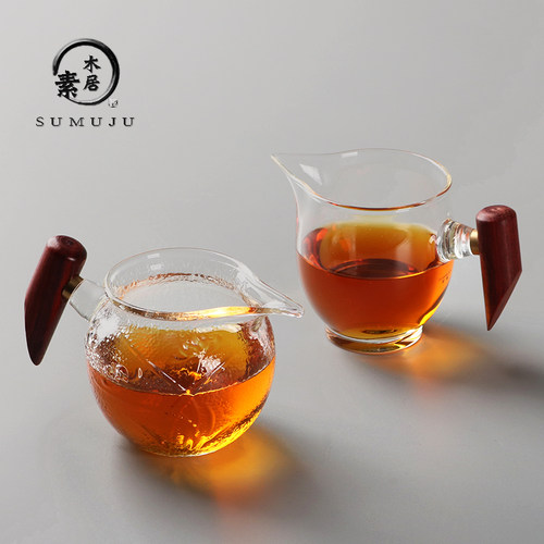 日式木把玻璃公道杯功夫茶具配件分茶器加厚耐热创意侧把茶漏公杯