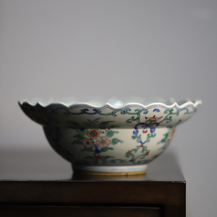 茶点盘 斗彩折腰碗 茶道配件 纯手工手绘雕刻 仿大明成化